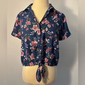 Blue Floral Tie-Front Button Blouse